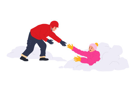 Winter rescuer man saving life of woman covered with snow after avalanche in mountain wildernessのイラスト素材