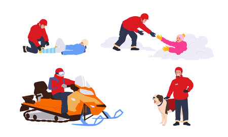 Winter rescuers team with dog and various equipment to save people lives isolated on whiteのイラスト素材