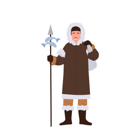 Eskimos man fisherman cartoon character wearing native clothes holding fishing spear with catchのイラスト素材