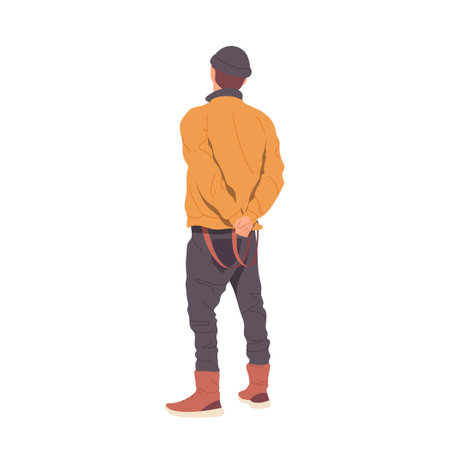 Rear view trendy fashion hipster guy cartoon character standing with folded hands behind backのイラスト素材