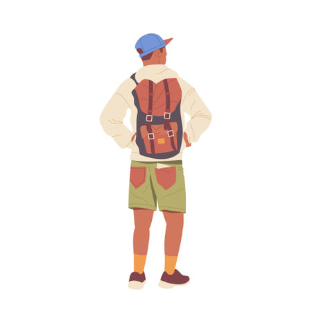 Young man traveler backpacker cartoon character standing back looking forward isolated on whiteのイラスト素材