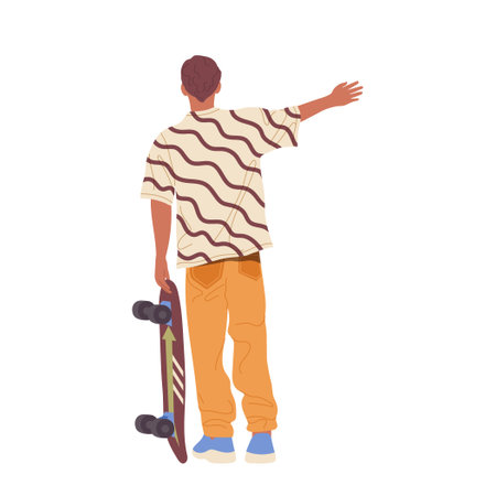 Back view of hipster man skateboarder cartoon character standing with raised hand to catch carのイラスト素材