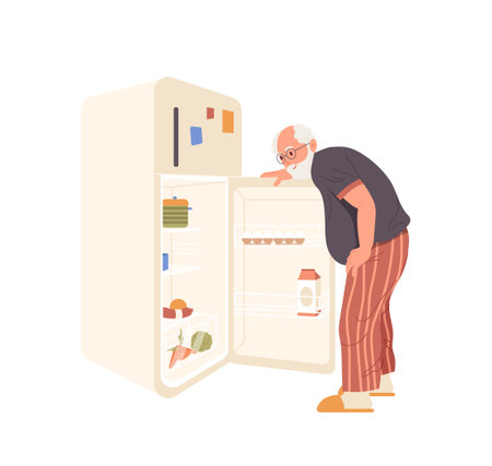 Senior man cartoon character searching for food looking at shelves in opened kitchen refrigeratorのイラスト素材