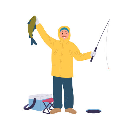 Happy satisfied fisherman character holding big fish and rod feeling excited during winter fishingのイラスト素材