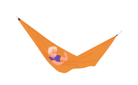Relaxed preteen boy cartoon character gesturing thumbs up enjoying rest in comfortable hammock swingのイラスト素材