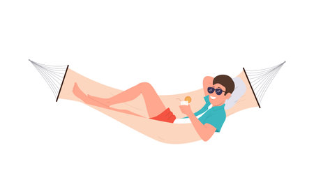 Relaxed man resort tourist cartoon character drinking cocktail lying in hammock vector illustrationのイラスト素材