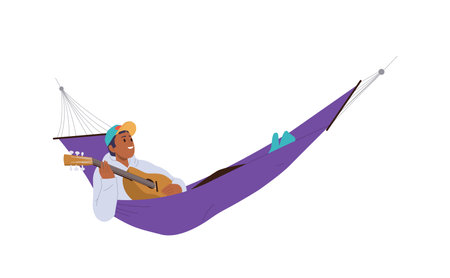 Teenager guy cartoon character playing guitar lying in hammock rest outdoors vector illustrationのイラスト素材