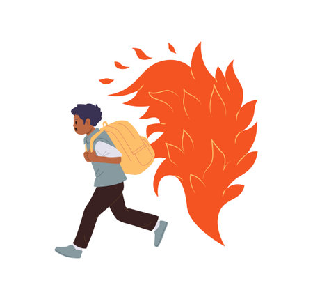 Scared school boy cartoon character with backpack running away from open fire isolated on whiteのイラスト素材