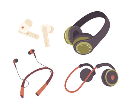 Different type of wireless headphones, earbuds, earphones set isolated on white backgroundのイラスト素材