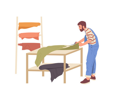 Craftsman cutting leather for fashion bag production at workshop isolated on white backgroundのイラスト素材