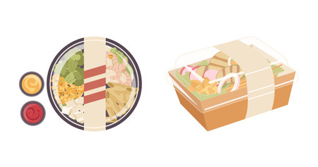 Seafood bento lunch box traditional Japanese or Chinese fast food with spices and sauce packsのイラスト素材