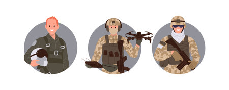 Isolated round icon composition with infantryman, air force pilot and soldier drone operatorのイラスト素材