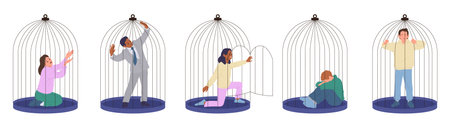Diverse people cartoon characters sitting trapped in cages set isolated on white backgroundのイラスト素材