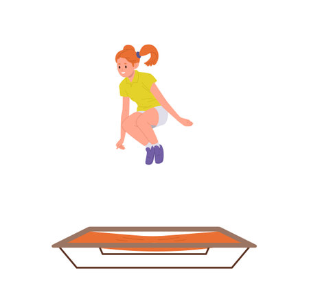 Happy schoolgirl child enjoying leisure activities, sport recreation time levitating over trampolineのイラスト素材
