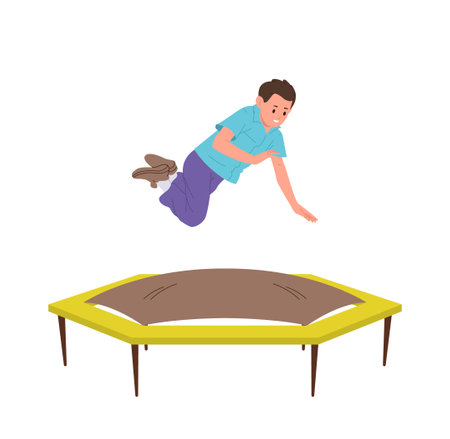 Playful boy cartoon character flying over trampoline making gymnastics tricks isolated on whiteのイラスト素材