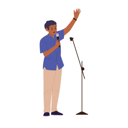 Man comedian showman cartoon character performing with microphone joking on stage isolated on whiteのイラスト素材