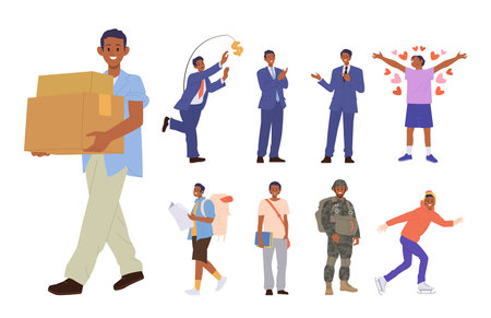Man cartoon character with different profession, hobby recreation occupation and fun activityのイラスト素材