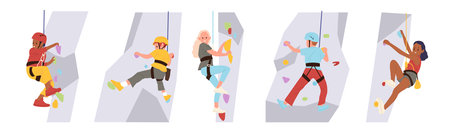 Preteen children cartoon climber characters enjoying healthy physical activity climbing rock wallのイラスト素材