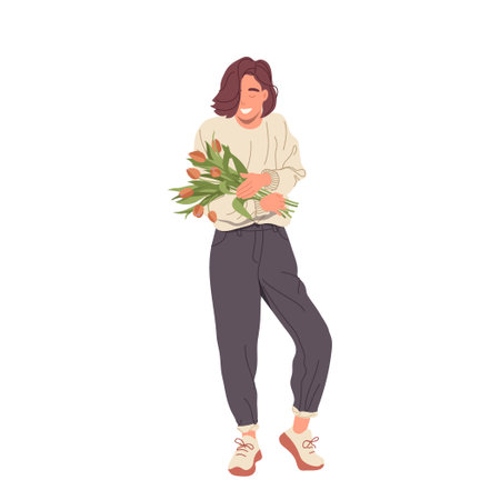Happy beautiful woman cartoon character holding blooming tulip flower bouquet isolated on whiteのイラスト素材