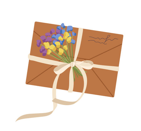 Isolated closed craft envelop with handwritten letter tied with ribbon bow and flowers bouquetのイラスト素材
