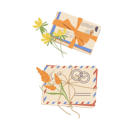 Closed and tied with rope and silk ribbon craft paper letters in postal envelopes isolated on whiteのイラスト素材