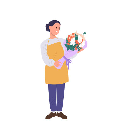 Isolated young smiling woman florist cartoon character making beautiful flower bouquet for sellingのイラスト素材