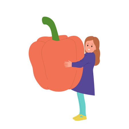 Cute little girl child cartoon character holding red sweet pepper vegetable isolated on whiteのイラスト素材