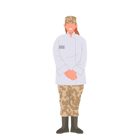 Military woman nurse hospital worker cartoon character wearing camouflage uniform and white coatのイラスト素材