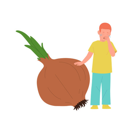 Little boy child cartoon character crying standing nearby onion bulb isolated on white backgroundのイラスト素材