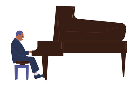 Man musician cartoon character playing grand piano performing musical concert isolated on whiteのイラスト素材