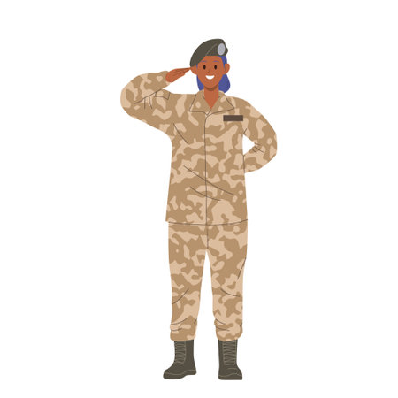 Strong military woman cartoon character in camouflage uniform and hat saluting isolated on whiteのイラスト素材