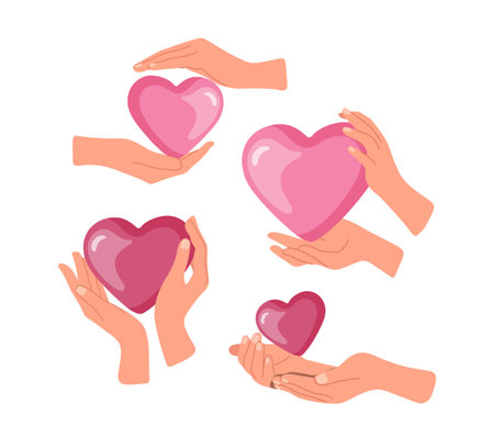 Person hands giving and holding cute sweet hearts gifts cartoon style vector illustration on whiteのイラスト素材