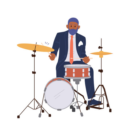 Jazz man cartoon character playing at drum kit percussion instrument isolated on white backgroundのイラスト素材