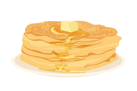 Breakfast food menu pancakes stack with melted butter on plate isolated on white backgroundのイラスト素材