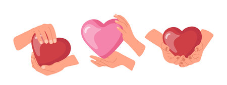 Set of cartoon human hands giving and holding hearts vector illustration on white backgroundのイラスト素材