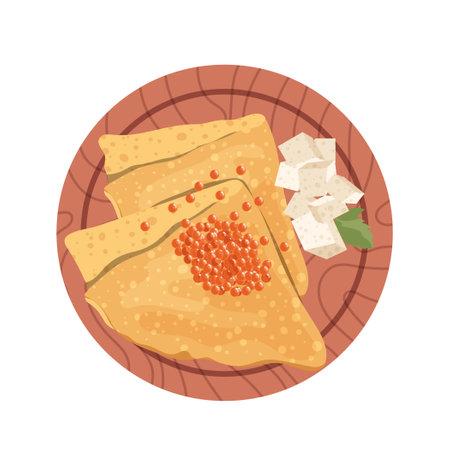 Pancakes triangle envelop shape snack with red fish caviar and feta cheese served on wooden plateのイラスト素材