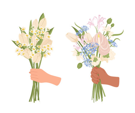 Flowers bouquets in human hands for sending love and romantic relationship isolated set on whiteのイラスト素材