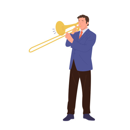 Jazz man cartoon character playing trumpet enjoying solo or orchestra performance isolated on whiteのイラスト素材