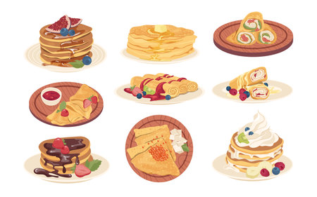 Sweet and salt pancakes set with different filling, syrup, berries, honey, ice-cream, chocolateのイラスト素材