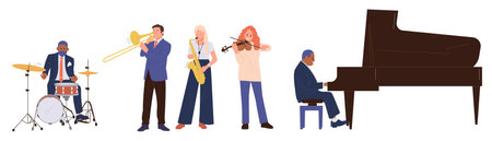 Diverse people musicians cartoon character playing different musical instruments in jazz groupのイラスト素材
