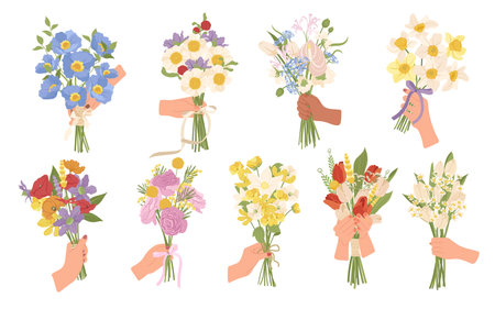 Hands holding beautiful bouquet of flower blossoms vector illustration isolated on white backgroundのイラスト素材