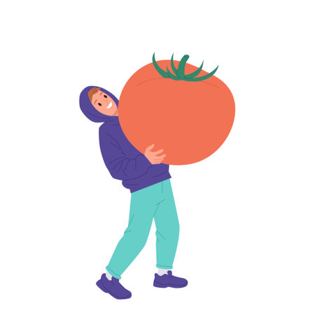 Happy teenager male cartoon character carrying giant red tomato isolated on white backgroundのイラスト素材