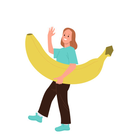 Happy healthy woman cartoon character carrying banana fruit waving hand isolated on white backgroundのイラスト素材