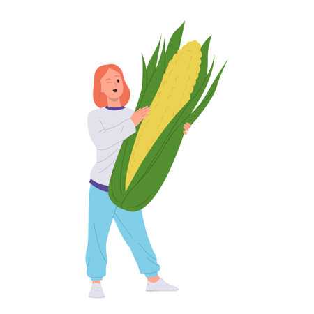Happy satisfied smiling woman cartoon character carrying ear of corn winking eye isolated on whiteのイラスト素材