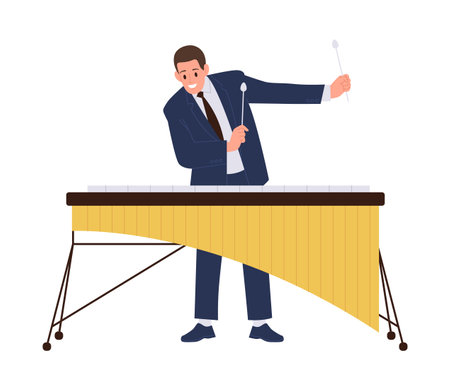Jazz man percussion player musician cartoon character playing xylophone instrument isolated on whiteのイラスト素材