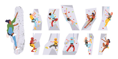 Man and woman cartoon characters climbing on training artificial stone mountain wall at indoors gymのイラスト素材