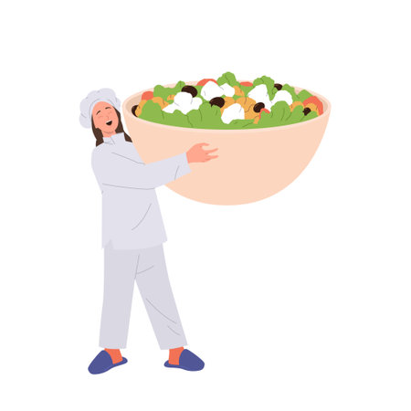 Woman cook, female master chef cartoon character presenting fresh salad from natural vegetablesのイラスト素材
