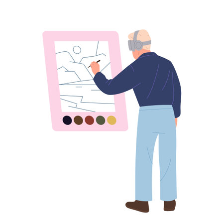 Man artist cartoon character wearing VR glasses drawing picture in augmented virtual realityのイラスト素材