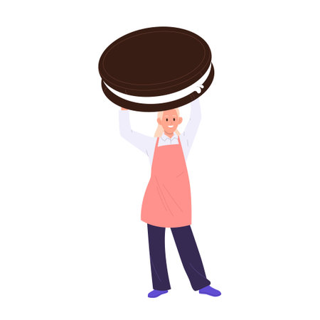 Young woman pastry chef tiny cartoon character holding huge chocolate cookie isolated on whiteのイラスト素材