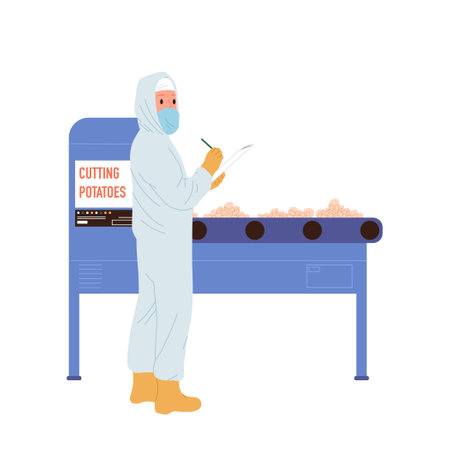 Worker cartoon character in protective uniform providing high quality control at cutting potato lineのイラスト素材